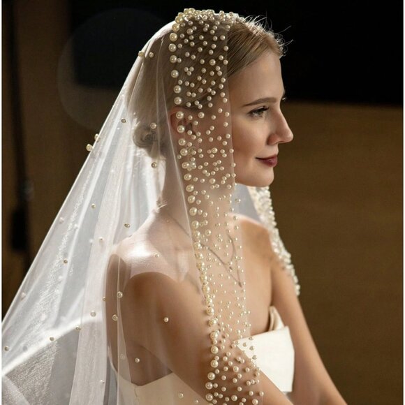 NWT Veil Beaded Pearls, Cathedral Veil pearls edge, Beaded Ivory veil - Picture 1 of 7